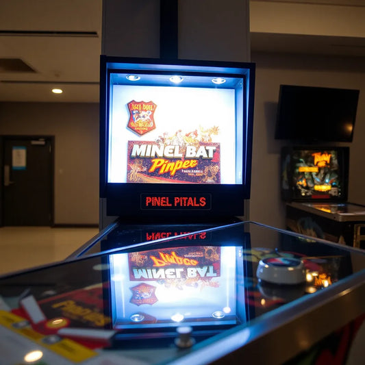 Warm glowing custom lightbox display mounted beside a pinball machine