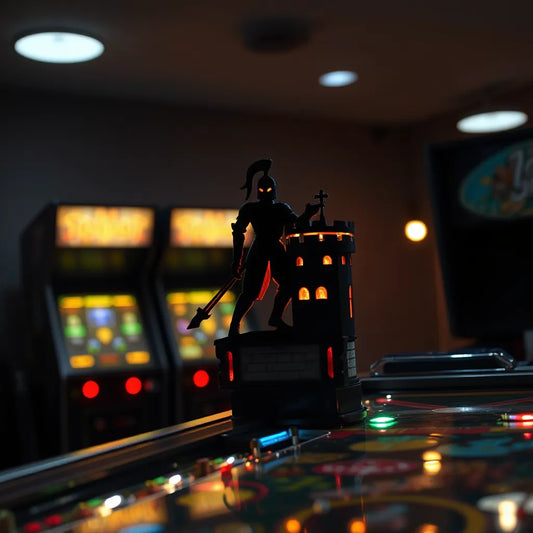 Medieval-themed pinball topper with knight and castle design glowing above a pinball machine