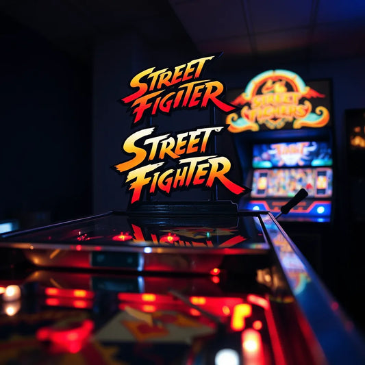 Street Fighter pinball topper with layered panels and colored LED glow on a pinball machine
