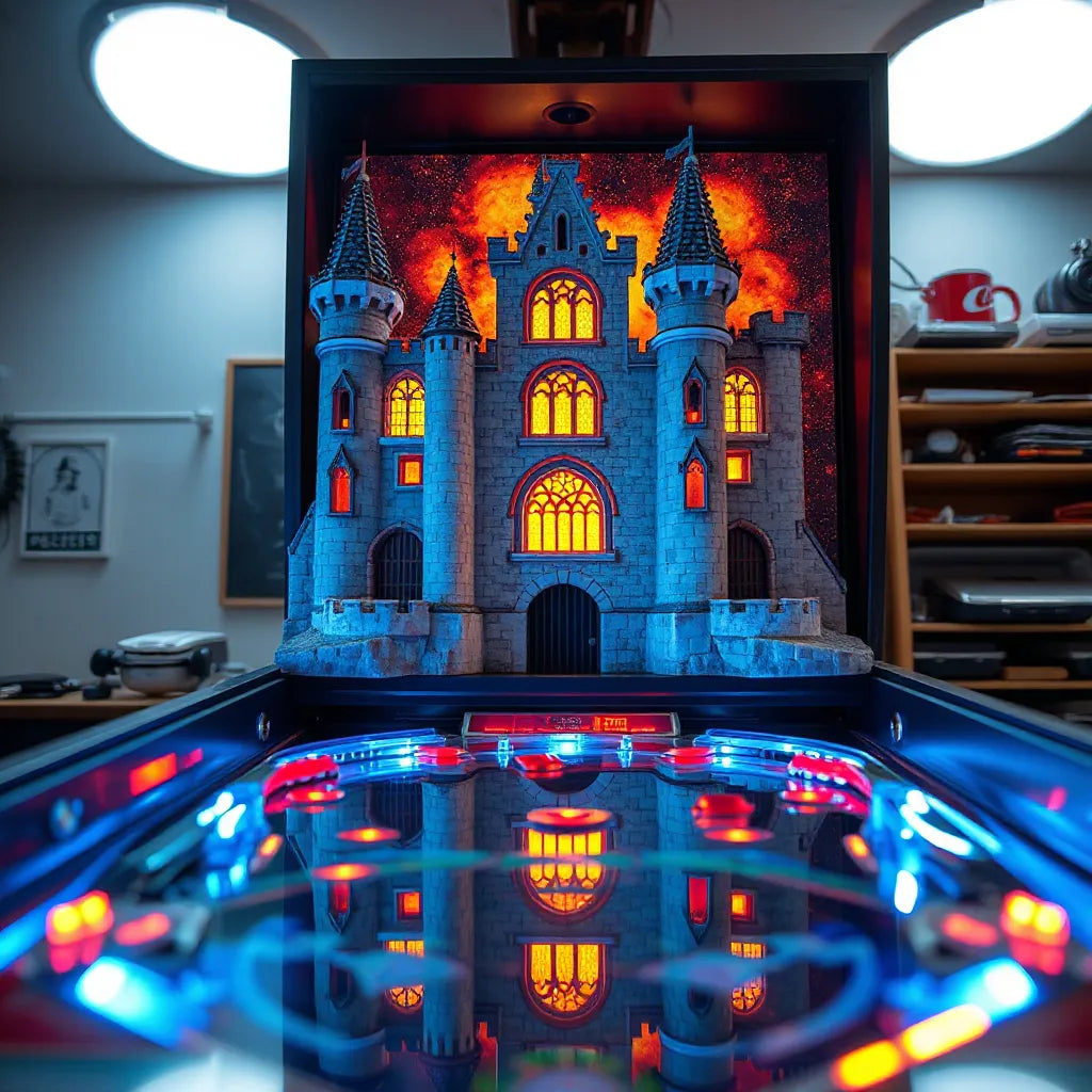 Medieval-themed pinball topper with warm and cool LED glow installed above the playfield