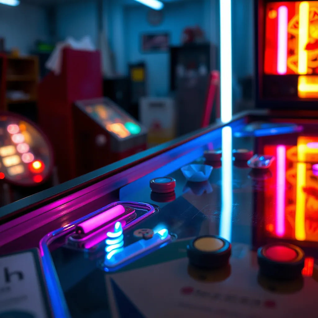 Glowing neon sign accents beside a pinball machine, casting colorful light on the cabinet trim