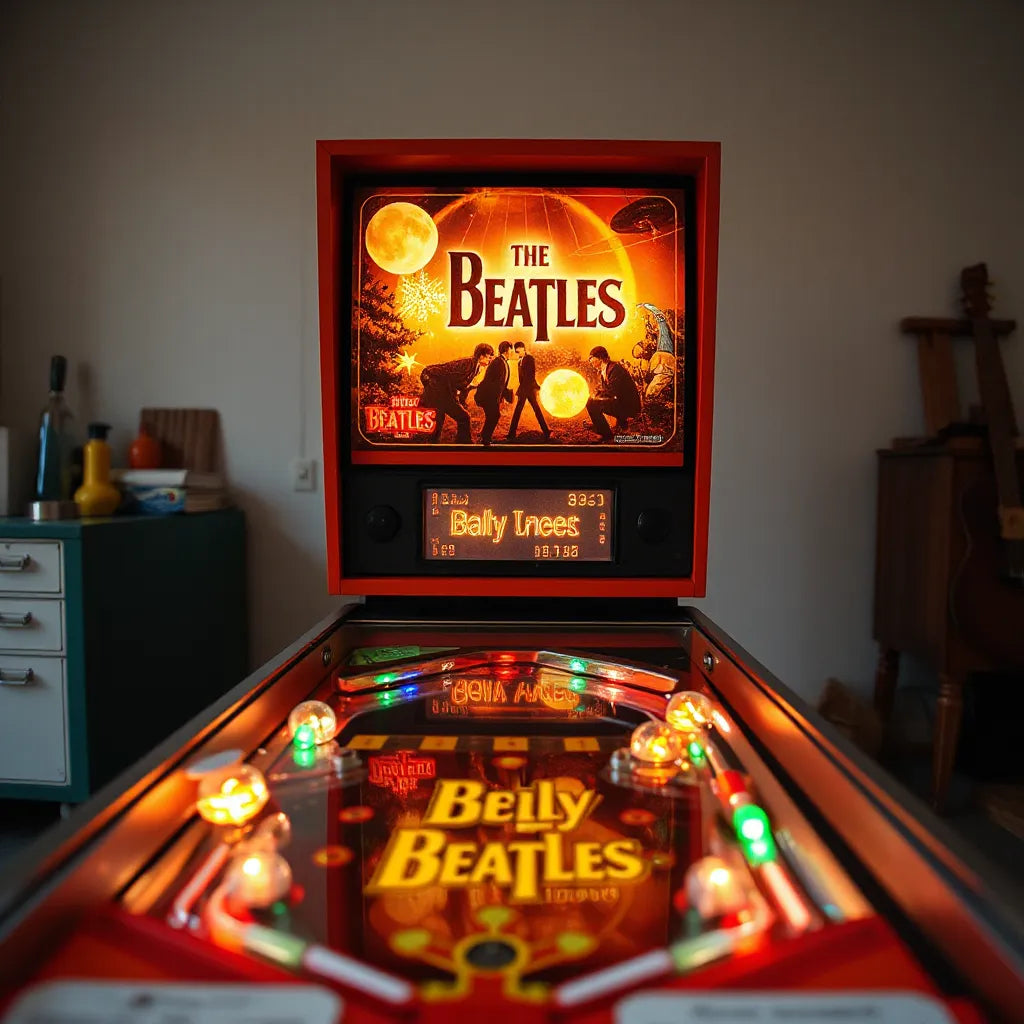 Beatles-themed pinball topper casting a warm glow above a retro pinball machine