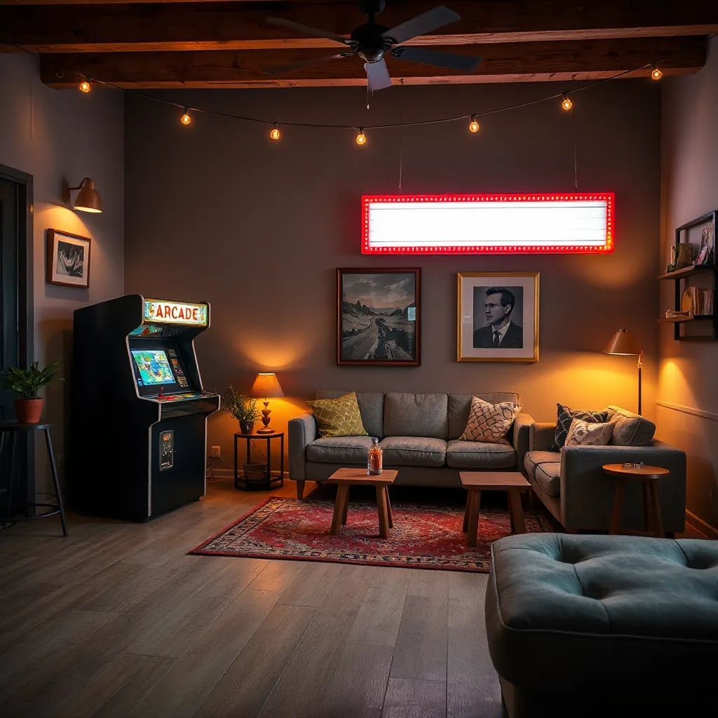Vintage arcade cabinet with warm lighting and arcade-themed wall decor in a cozy game room