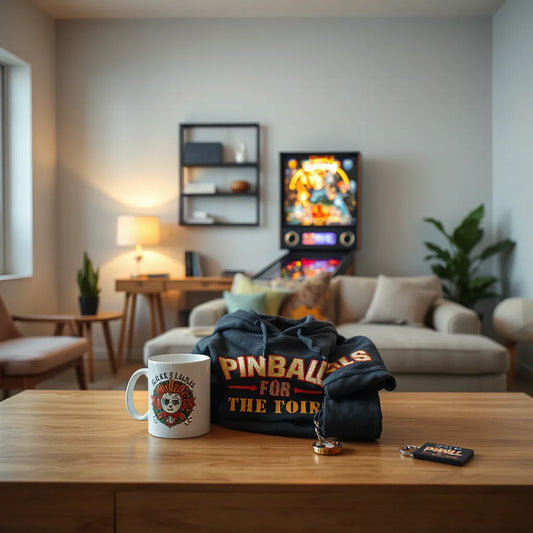 Pinball-themed merchandise displayed beside a pinball machine in a warmly lit room.
