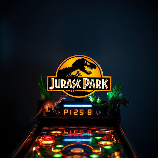 Dinosaur-themed pinball topper with warm amber and green glow above a pinball machine in a dark room