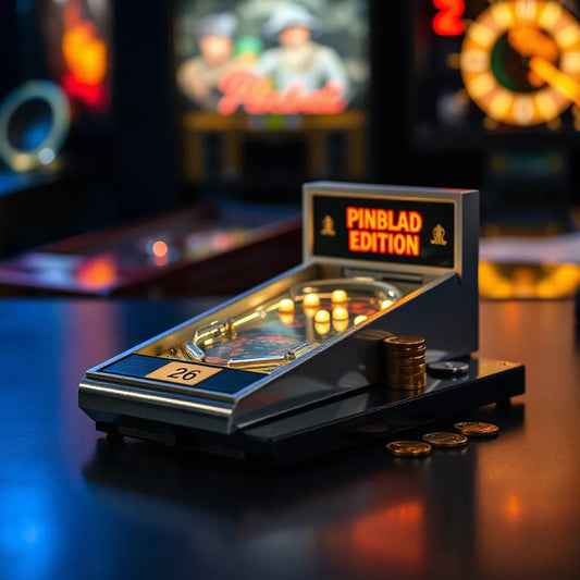 Neatly arranged collectible pinball accessories on a tabletop with subtle arcade lights in the background