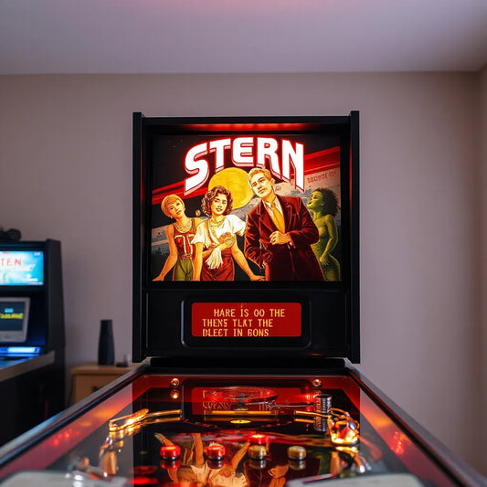 Stern pinball machine with a mounted glowing topper on the backbox in a home arcade