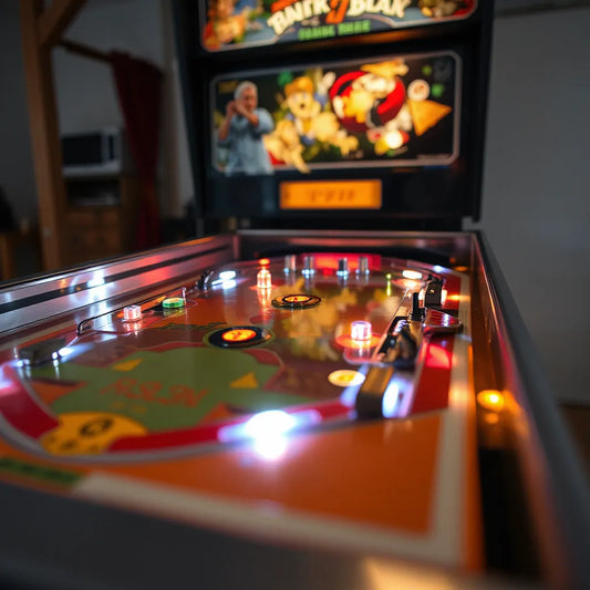Pinball machine playfield with upgraded lighting and polished components in a clean home setup