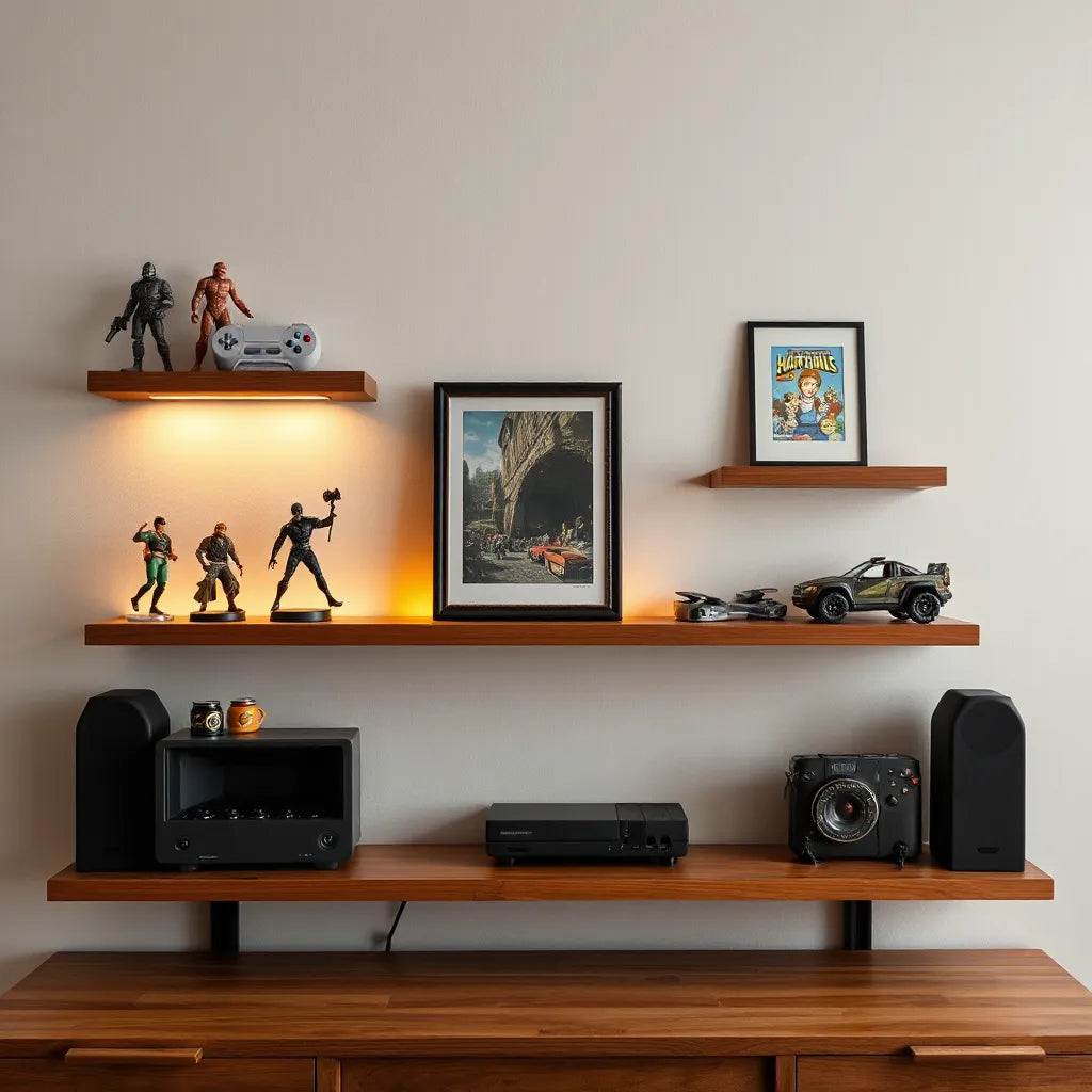 Curated gaming collectibles displayed on shelves with warm accent lighting