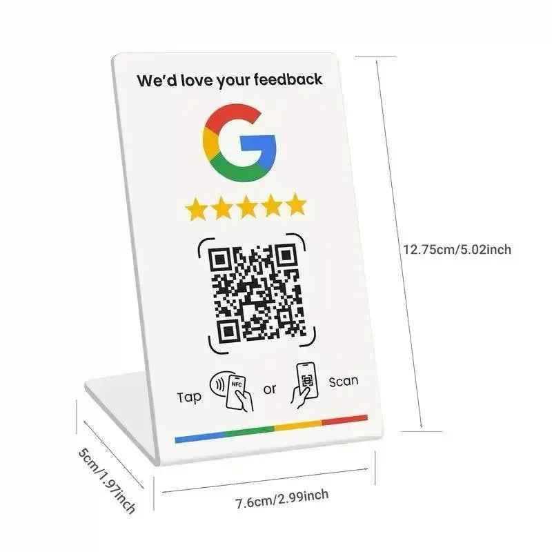 Google feedback sign with QR code and NFC tap option for customer reviews