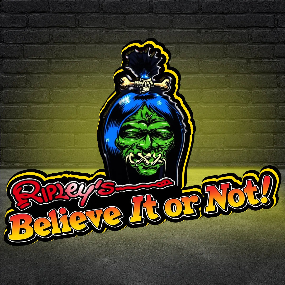 Logo of Ripley's Believe It or Not pinball topper! with a colorful design on a brick wall background