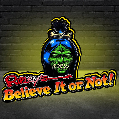 Logo of Ripley's Believe It or Not pinball topper! with a colorful design on a brick wall background