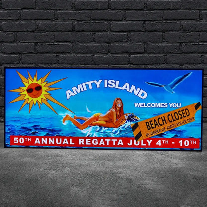 Promotional poster for Amity Island's 50th Annual Regatta with a sun, woman, and beach closed sign on a blue background.