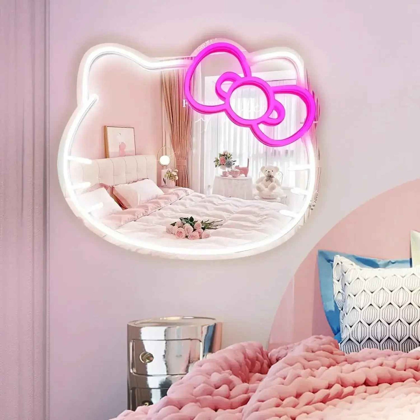 Hello Kitty neon mirror with pink bow light, wall-mounted in pink bedroom decor