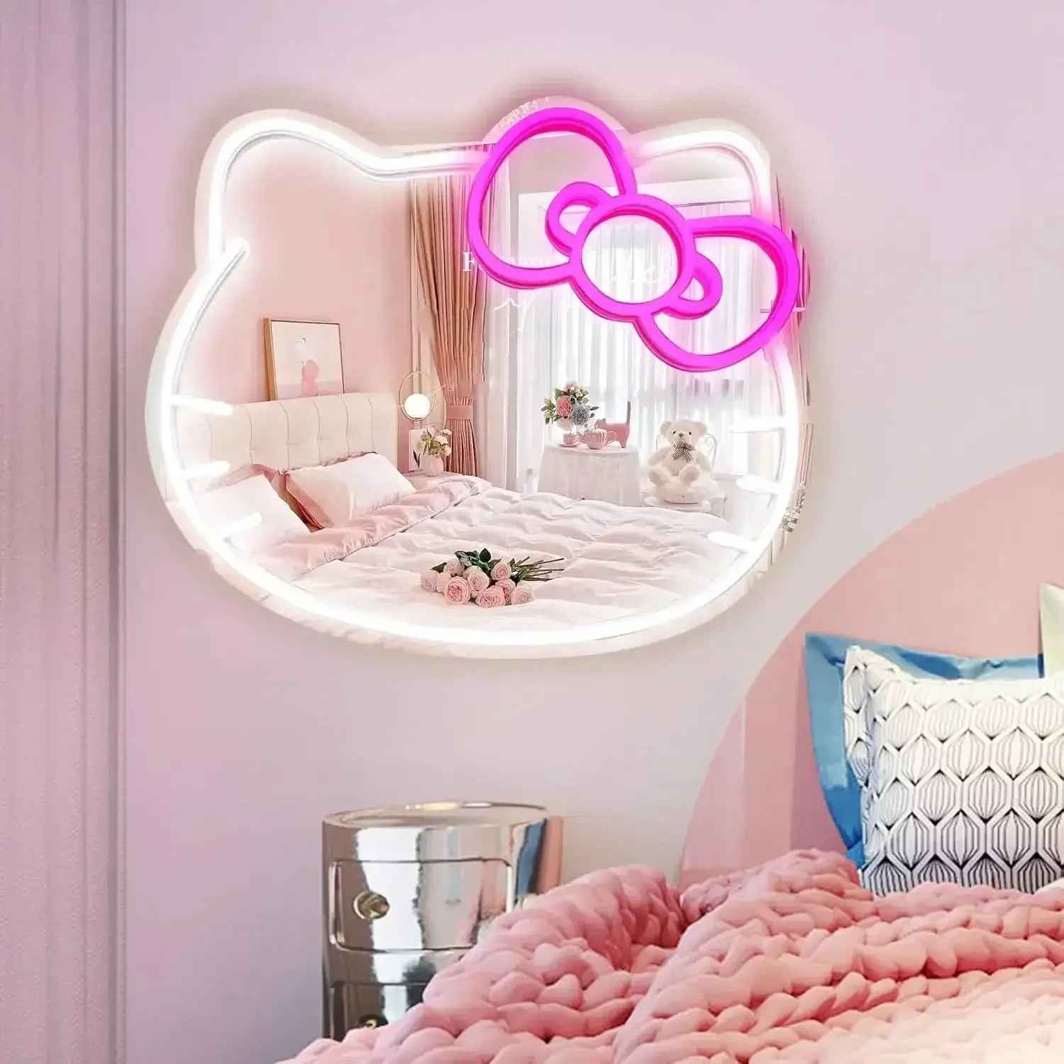 Hello Kitty neon mirror with pink bow light, wall-mounted in pink bedroom decor