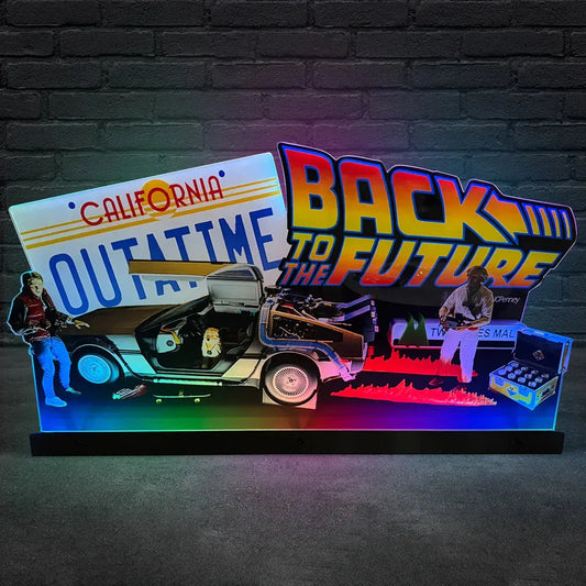 Light-up display with 'Back to the Future' theme, including a car, characters, and license plate.
