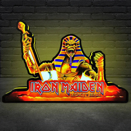 Iron Maiden logo with a pharaoh design on a dark background