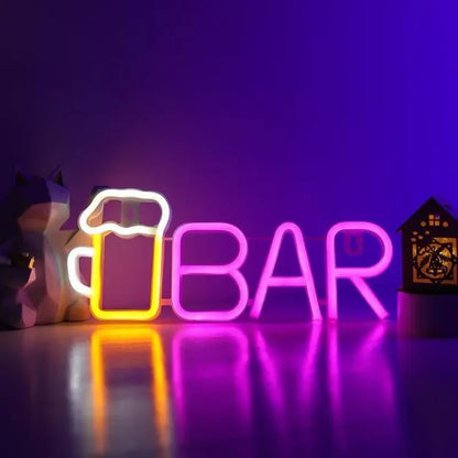 Neon BAR sign with beer mug, glowing pink and yellow, perfect for bar decor or arcade topper
