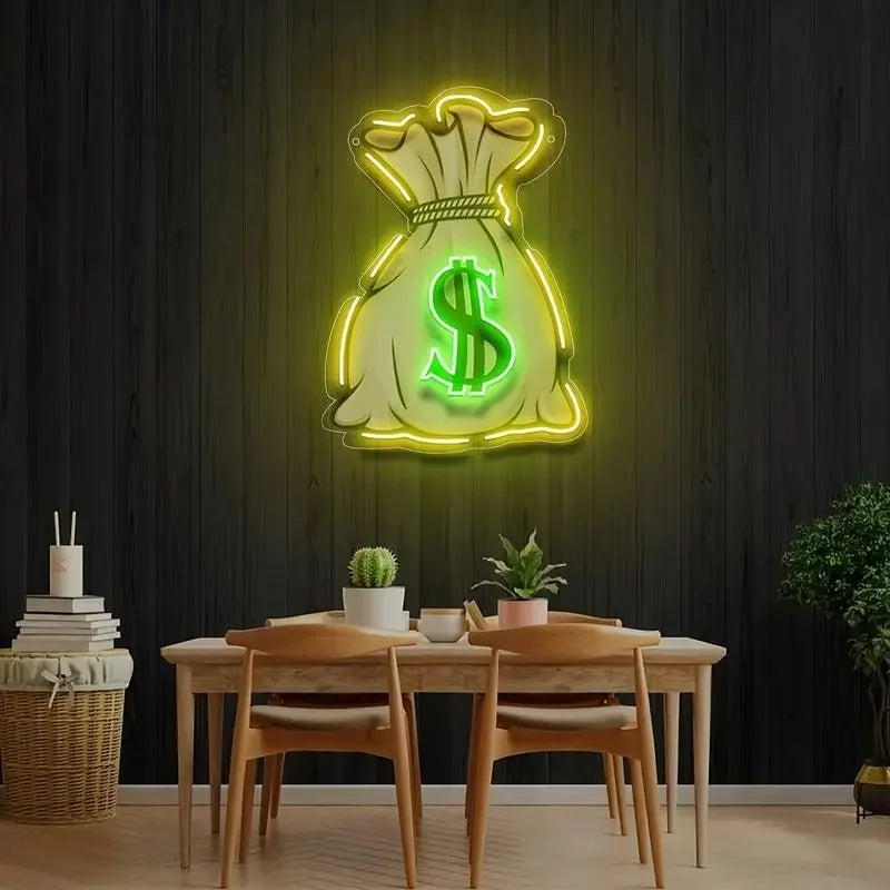 Glowing neon money bag sign with dollar symbol, wall decor for game rooms or arcades
