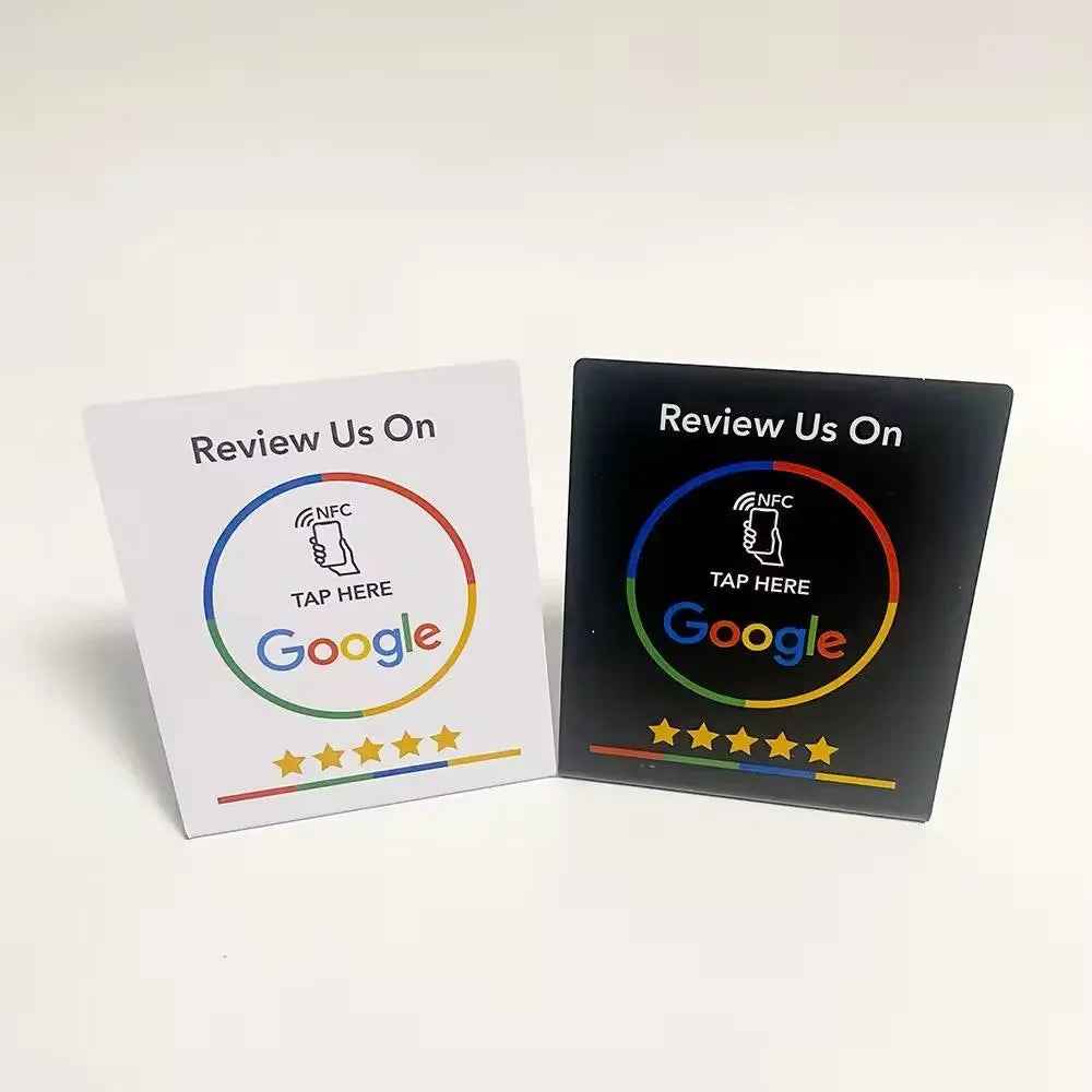 NFC Google review tap cards, white and black, for customer feedback with star ratings