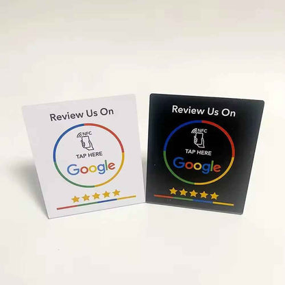 NFC Google review tap cards, white and black, for customer feedback with star ratings