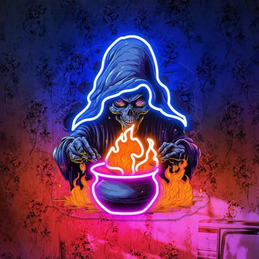 Witch Halloween Sign Scary LED Light-Up Sign  18 x 18 Inches Clear Edge Cut Acrylic Backing, with Dimmer - Bright and Premium built For Gaming and Kids Room Decor FYLZGO Signs