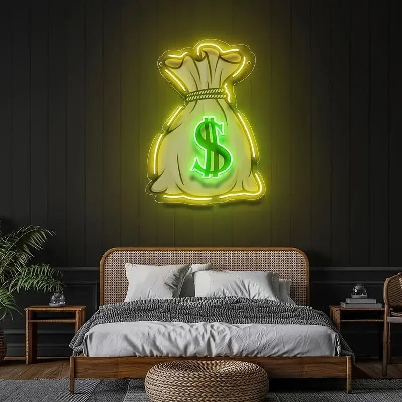 Glowing neon money bag sign with dollar symbol, wall decor for bedroom or arcade