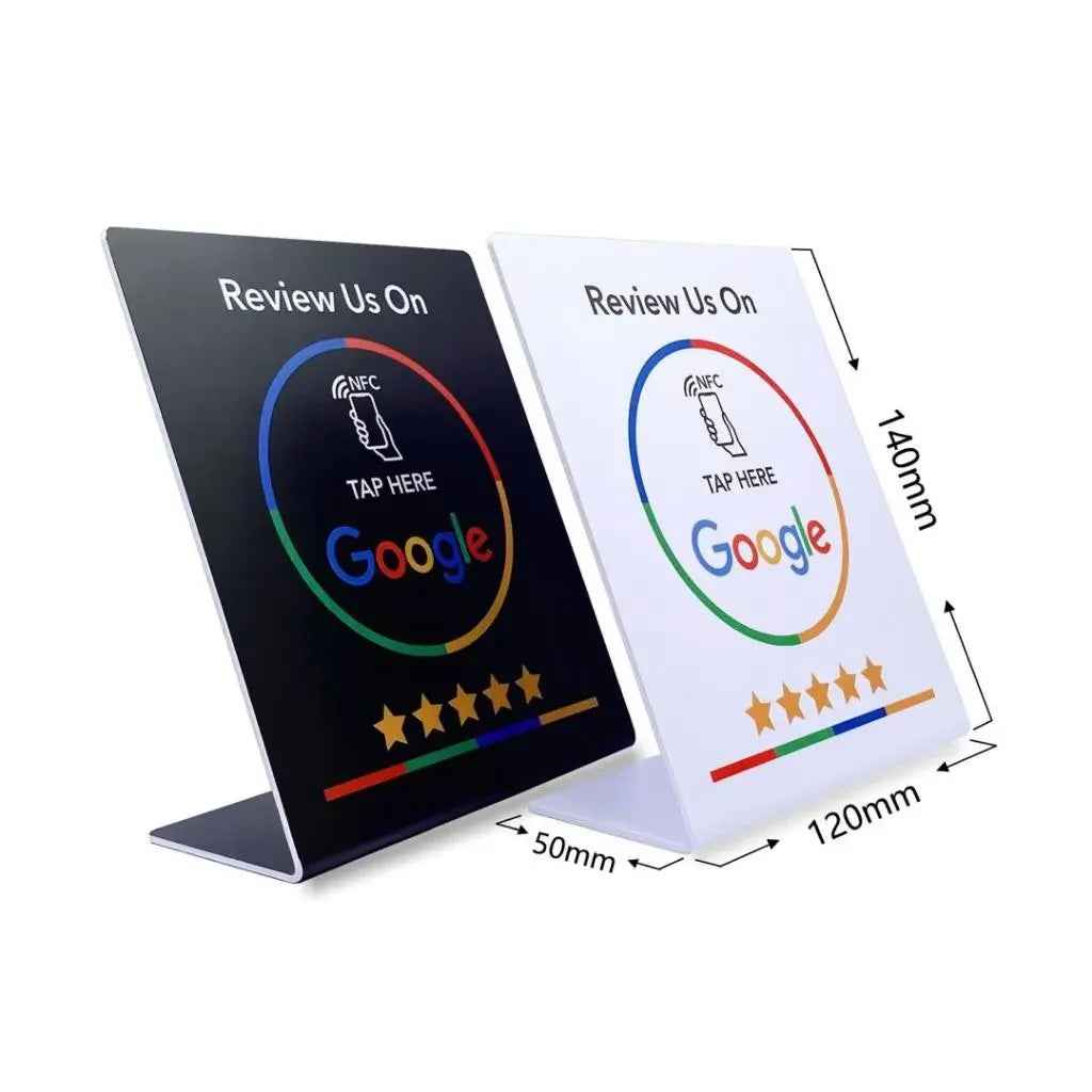 NFC Google review sign with tap-to-rate design, black and white versions, 140mm height