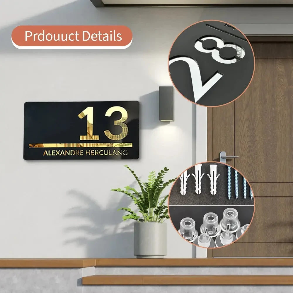 Modern black house number 13 with gold lettering, wall-mounted near door, includes mounting hardware details