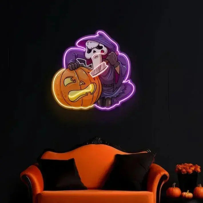 Grim Reaper Pumpkin Neon Sign, LED Neon Pop Art Sign, Halloween Décor, Spooky Pumpkin Wall Art, Halloween Gifts Idea, Reaper & Pumpkin Light FYLZGO Signs