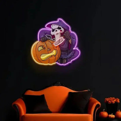 Grim Reaper Pumpkin Neon Sign, LED Neon Pop Art Sign, Halloween Décor, Spooky Pumpkin Wall Art, Halloween Gifts Idea, Reaper & Pumpkin Light FYLZGO Signs