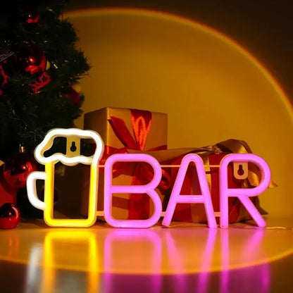 Neon 'BAR' sign with beer mug, glowing pink and yellow, festive holiday decor
