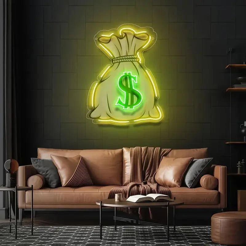 Glowing neon money bag sign with dollar symbol, wall-mounted above leather sofa in modern living room