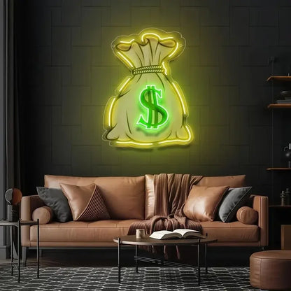 Glowing neon money bag sign with dollar symbol, wall-mounted above leather sofa in modern living room