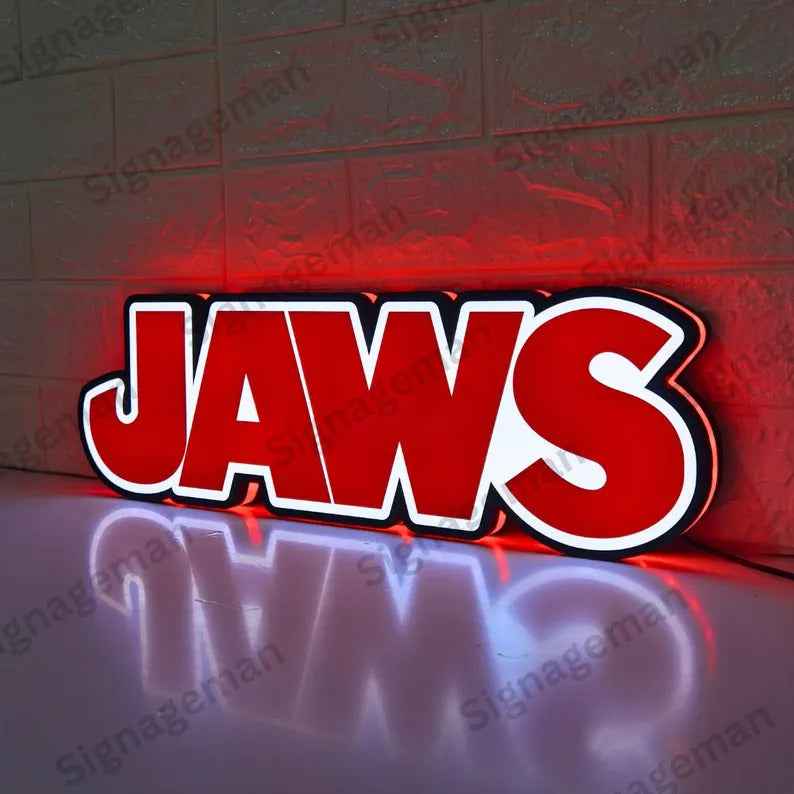 Jaws LED Lightbox Sign | 3D Printed Movie Logo Wall Art, Home Cinema Decor
