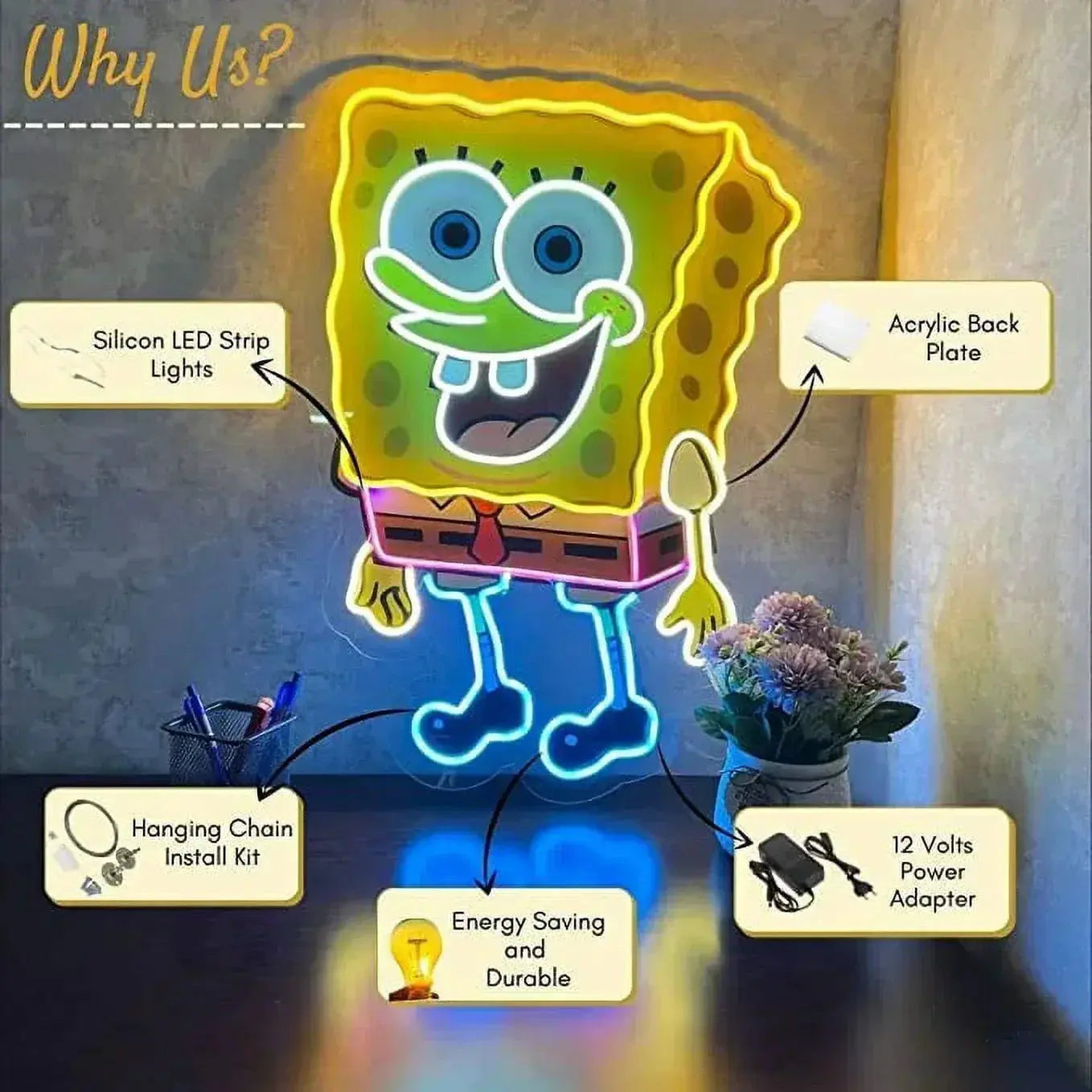 Spongebob Neon Sign UV Printed, 19 x 26 inches Yellow Neon for Kids, Birthday Parties With Dimmer Switch And Power Adapter FYLZGO Signs