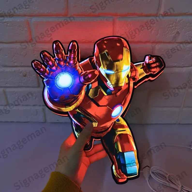 Iron Man LED Light Box Sign | 3D Printed Marvel Superhero Wall Decor | Kids Bedroom Night Light | Comic Fan Gift | 4 Sizes | USB Powered