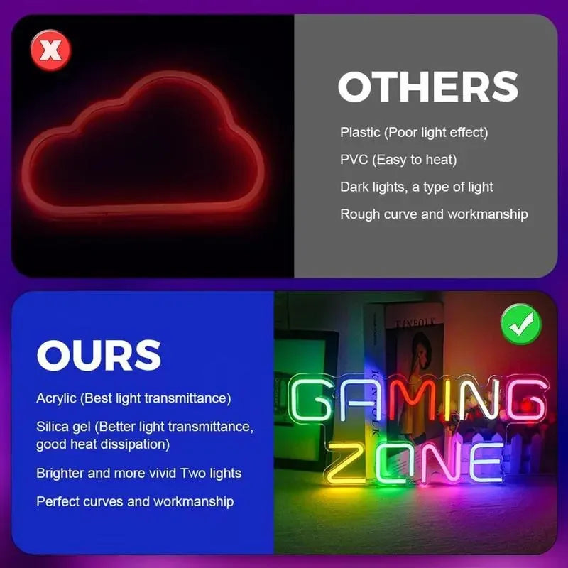Vivid neon 'GAMING ZONE' sign with perfect curves, bright acrylic & silica gel lights for arcade toppers