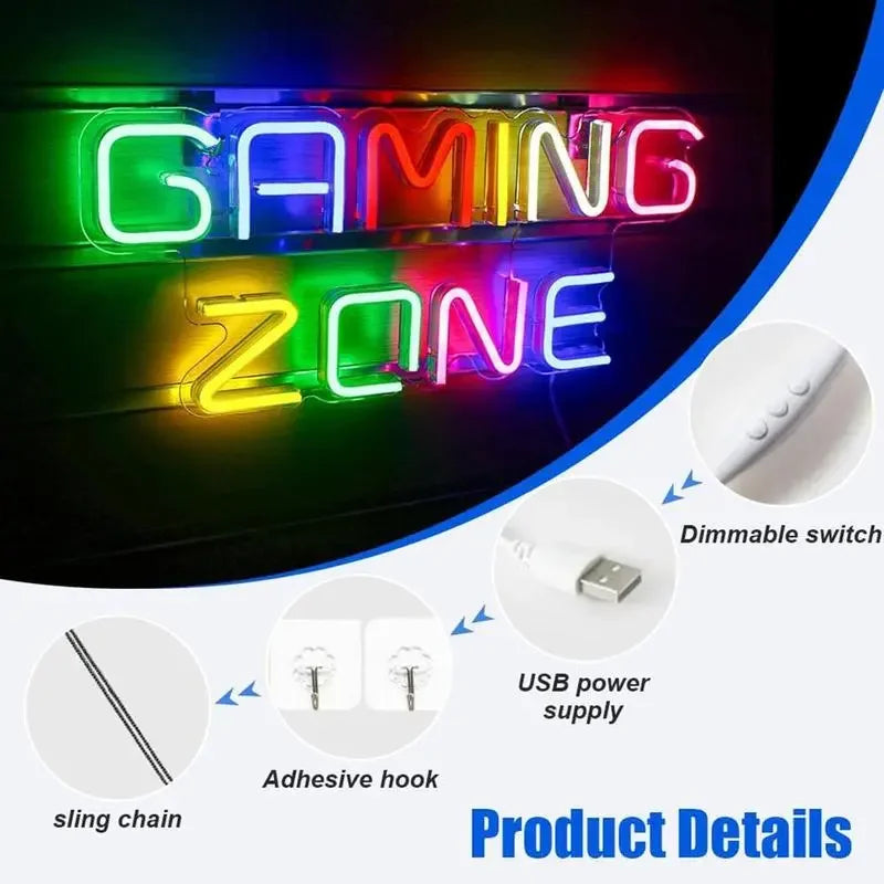 Colorful 'GAMING ZONE' neon sign with USB power, dimmable switch, adhesive hooks, and sling chain for arcade or pinball toppers