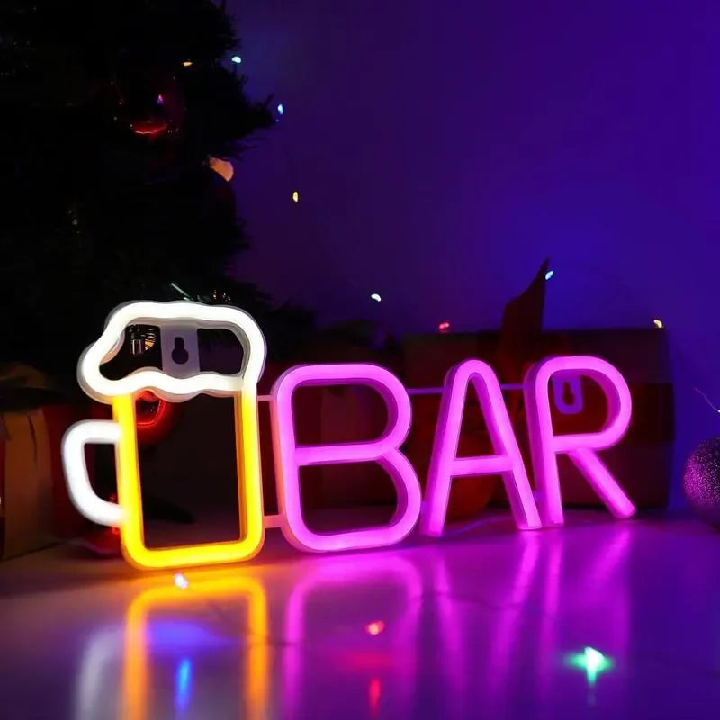 Glowing neon BAR sign with beer mug, colorful LED light for bar or home decor