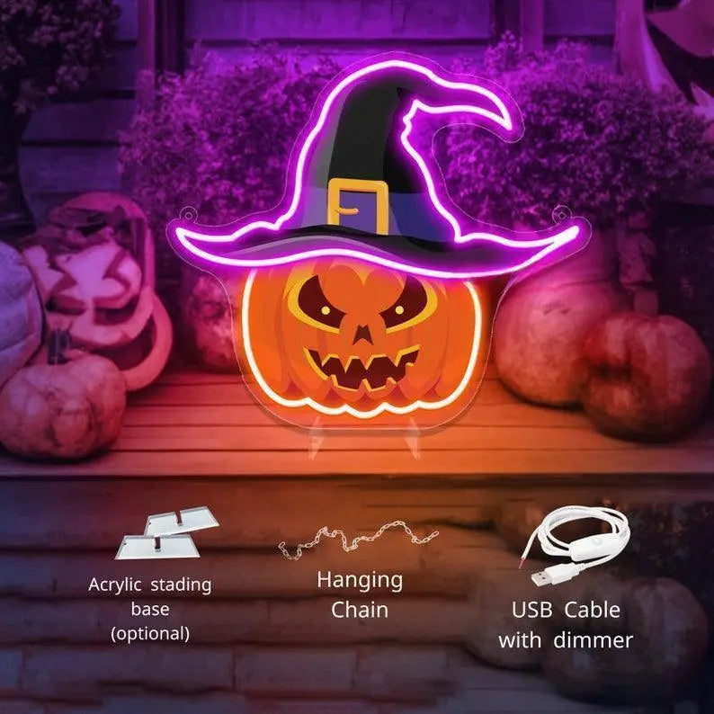 Halloween Neon Sign Happy Halloween Neon Sign Halloween Pumpkin Neon Sign Halloween Decor Sign Pumpkin Hat Decor Witch Hat Decor Halloween FYLZGO Signs