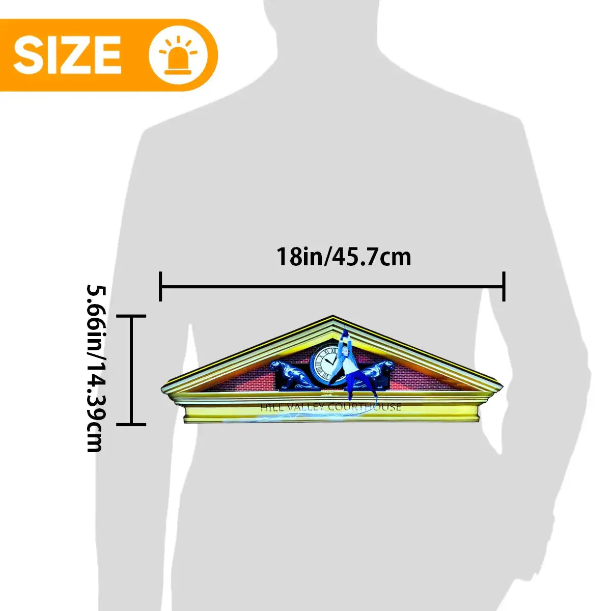 Measurement chart showing a decorative item on a mannequin with dimensions.