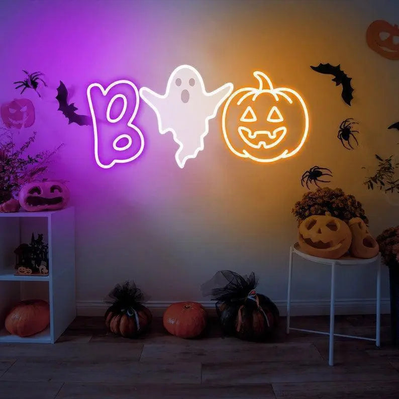 Boo Neon Sign Halloween Neon Sign Halloween Party Decor Halloween Gift Gothic Wall Decor Ghost Neon Light Pumpkin LED Light Pumpkin Decor FYLZGO Signs