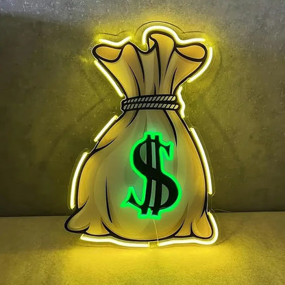 Glowing neon money bag sign with green dollar symbol, ideal for arcade or pinball topper decor