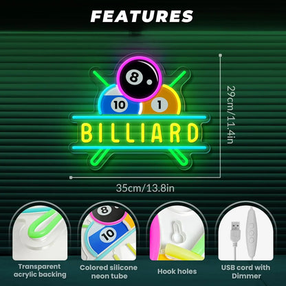 Billiards Neon Sign for Wall Decor Dimmable Billiards Neon Lights for Game Room Party Pub Bar Billiard Club Bedroom Man Cave Decor Billiards Lovers Gift FYLZGO