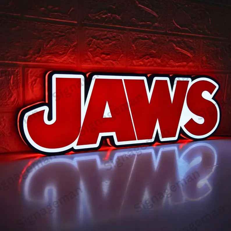 Jaws LED Lightbox Sign | 3D Printed Movie Logo Wall Art, Home Cinema Decor