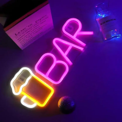 Pink neon BAR sign with glowing beer mug, ideal for bar decor or arcade toppers