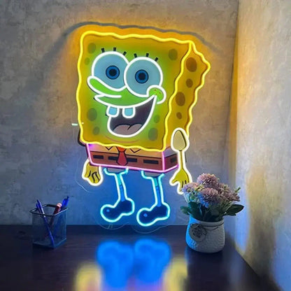 Spongebob Neon Sign UV Printed, 19 x 26 inches Yellow Neon for Kids, Birthday Parties With Dimmer Switch And Power Adapter FYLZGO Signs