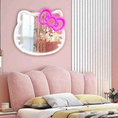Hello Kitty neon mirror with pink bow light, wall-mounted bedroom decor