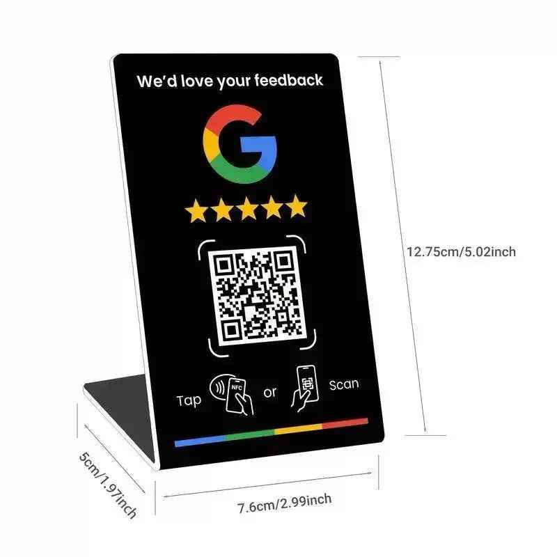 Google feedback sign with QR code and NFC tap option, black stand with dimensions shown